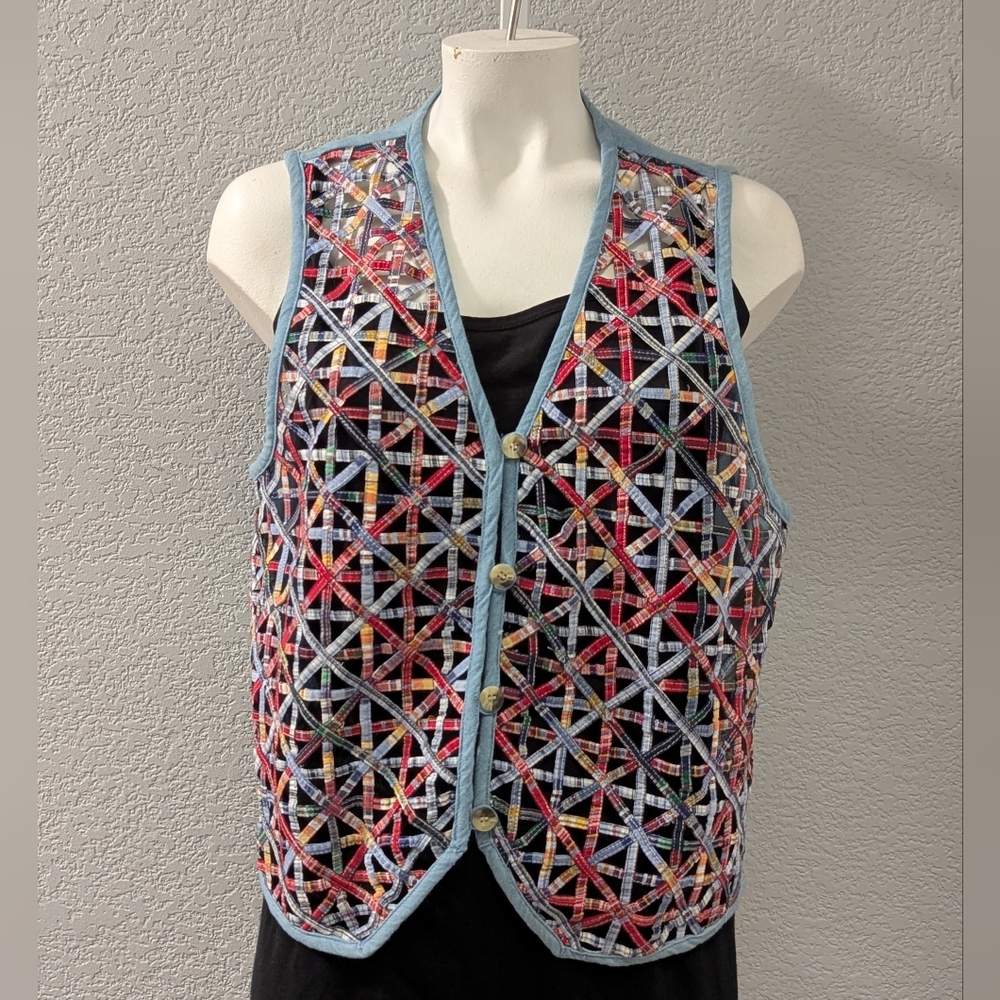 Cascade Blues Patchwork Woven Vest New Old stock Mervyns